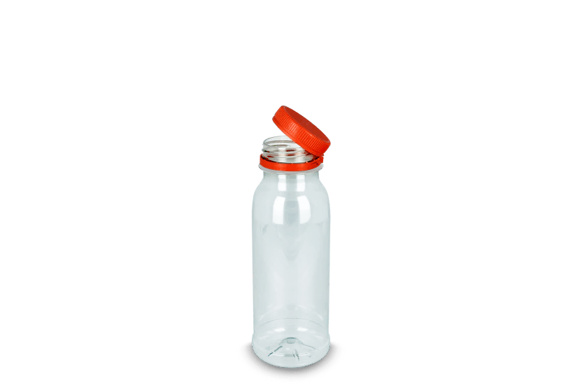 rPET-Flasche, klar, 250ml, Deckel orange – TakeAware.nl